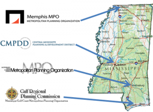MPOS locations: Memphis MPO - Southhaven, CMPDD - Jackson, MPO - Hattiesburg, GRPC - Gulf Coast